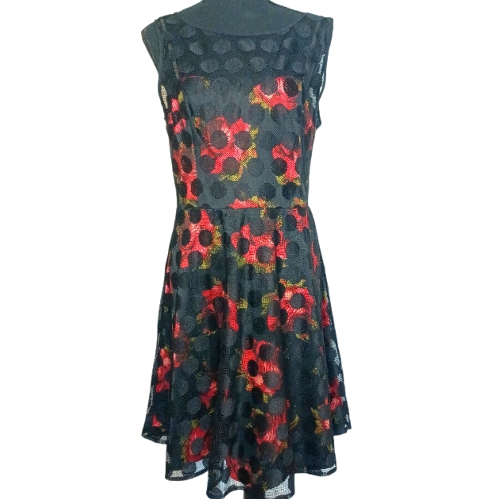 Betsey Johnson Rose With Polka Dot Mesh Overlay Fit and Flare Dress Sz 12